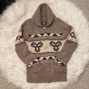 TNA 100% Lambswool Brown and Cream Zip Up Sweater